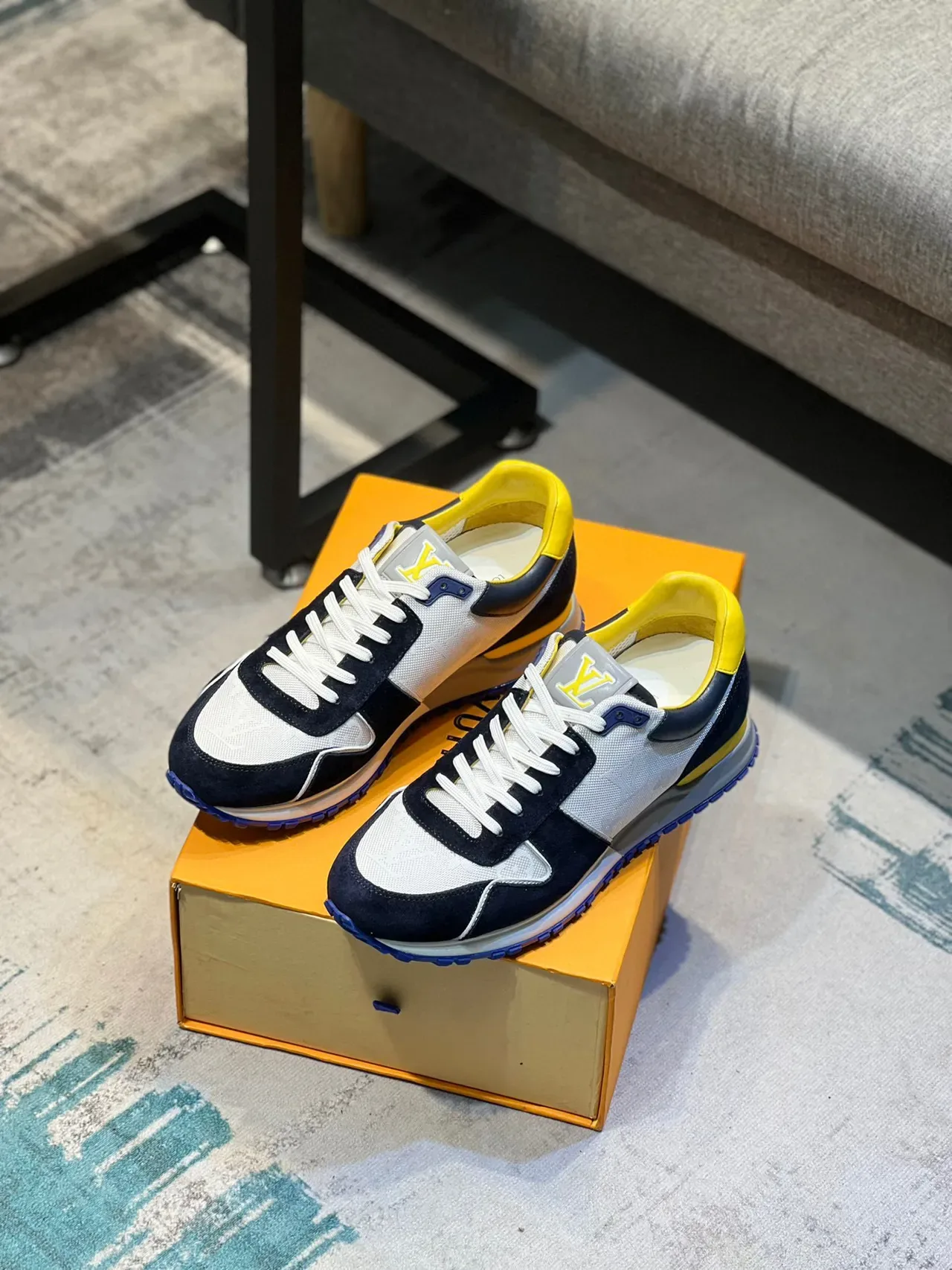 Louis Vuitton Navy Yellow Multi-Panel Suede And Mesh Upper Embossed Monogram Side Lifestyle Sneakers 2