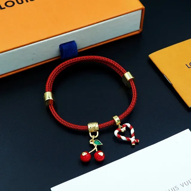 Louis Vuitton Red Braided Cord Enamel Cherry and Candy Cane Heart Bracelet 2