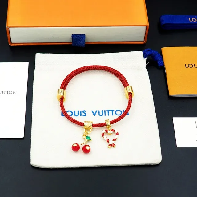 Louis Vuitton Red Braided Cord Enamel Cherry and Candy Cane Heart Bracelet 3