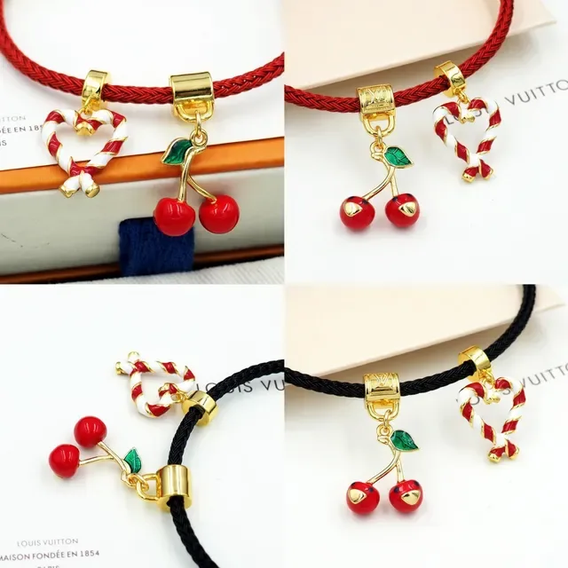 Louis Vuitton Red Braided Cord Enamel Cherry and Candy Cane Heart Bracelet 4