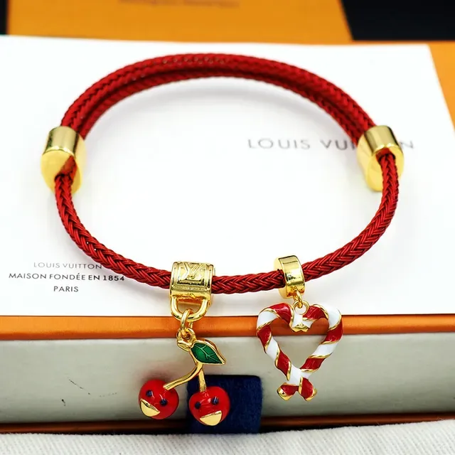 Louis Vuitton Red Braided Cord Enamel Cherry and Candy Cane Heart Bracelet 5