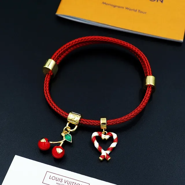 Louis Vuitton Red Braided Cord Enamel Cherry and Candy Cane Heart Bracelet 6