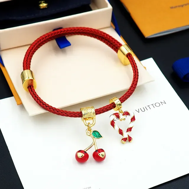 Louis Vuitton Red Braided Cord Enamel Cherry and Candy Cane Heart Bracelet 8