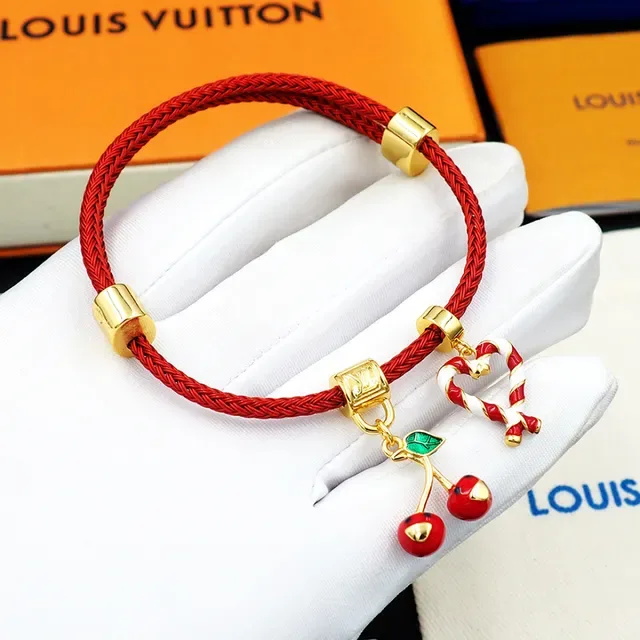 Louis Vuitton Red Braided Cord Enamel Cherry and Candy Cane Heart Bracelet 9