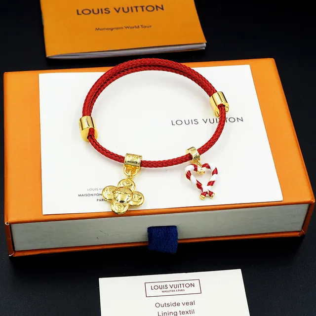 Louis Vuitton Red Braided Cord Gold-Tone Charm Bracelet 4