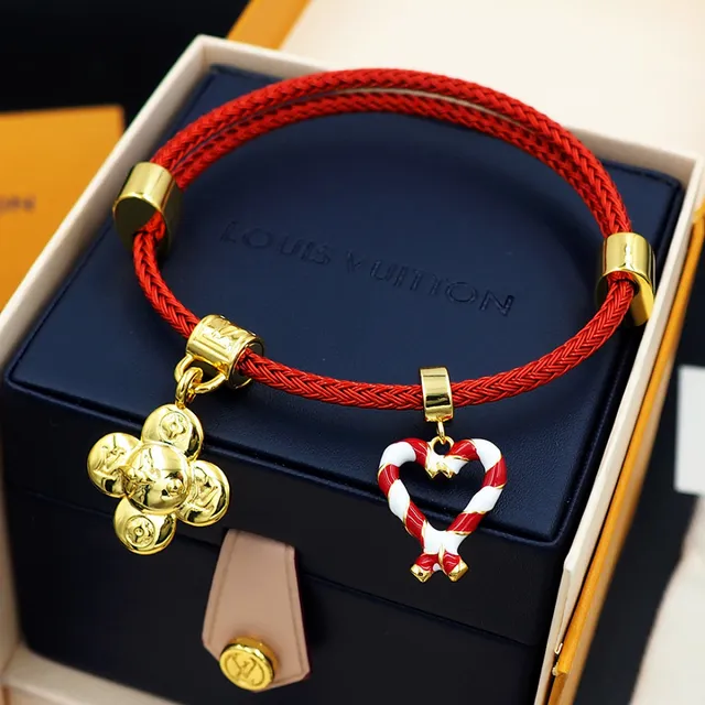 Louis Vuitton Red Braided Cord Gold-Tone Charm Bracelet 5