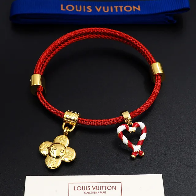 Louis Vuitton Red Braided Cord Gold-Tone Charm Bracelet 7