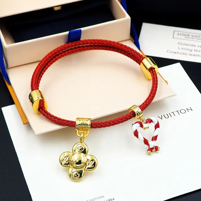 Louis Vuitton Red Braided Cord Gold-Tone Charm Bracelet 8