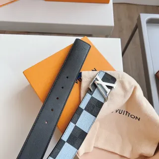 Louis Vuitton Reversible Belt Black Blue Checkerboard Damier Azur Leather Belt