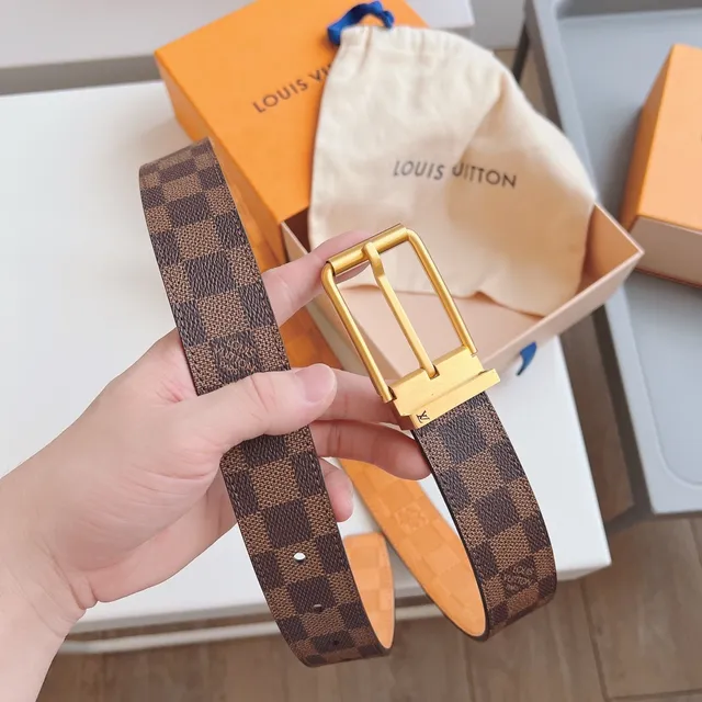 Louis Vuitton Ceinture Réversible Damier Cuir Tan Marron Doré 6
