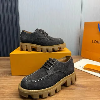 Louis Vuitton Run Away Black Beige Monogram-Embossed Suede Chunky Lug Sole Derby Shoes