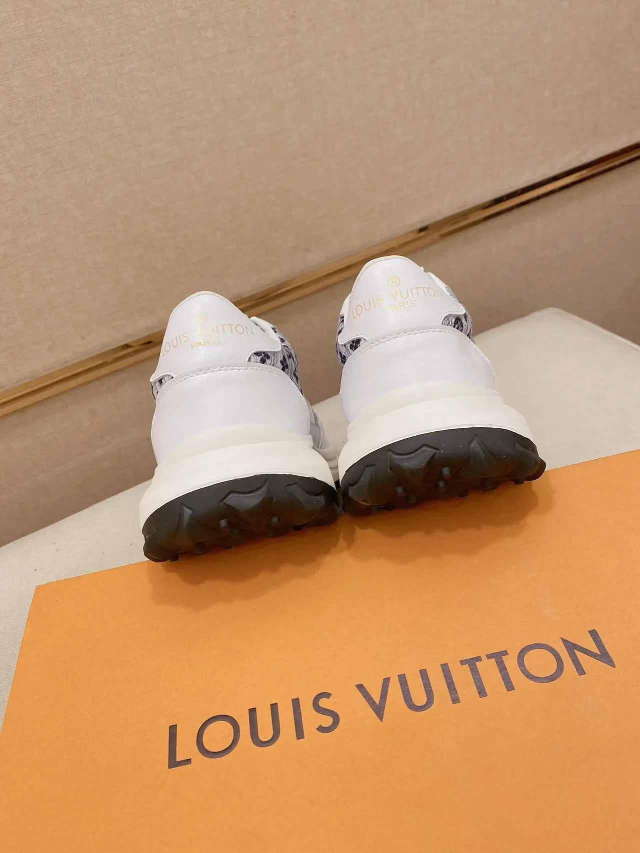 Louis Vuitton Run Away White Navy Monogram-Print Textile Panels Gold LV Logo Lifestyle Sneakers 3