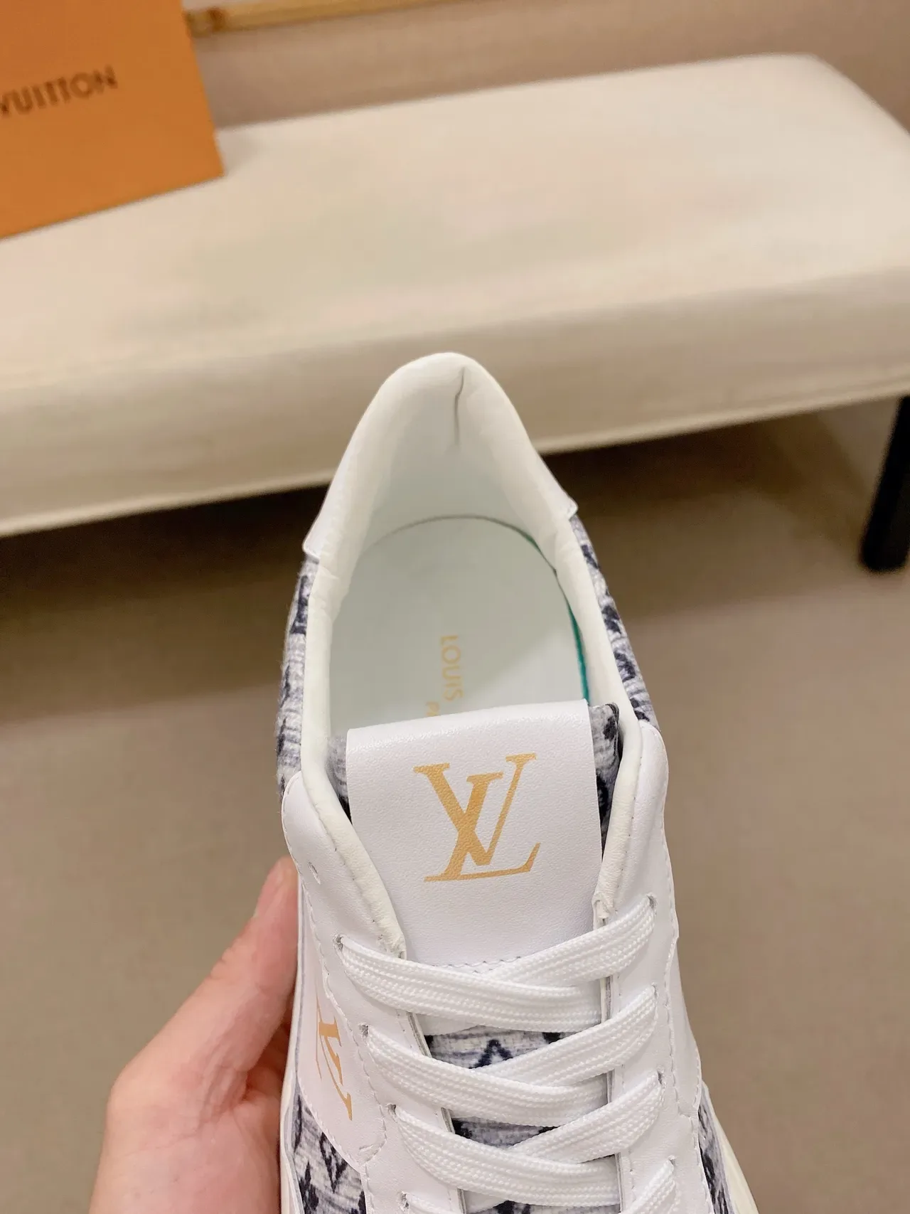 Louis Vuitton Run Away White Navy Monogram-Print Textile Panels Gold LV Logo Lifestyle Sneakers 4