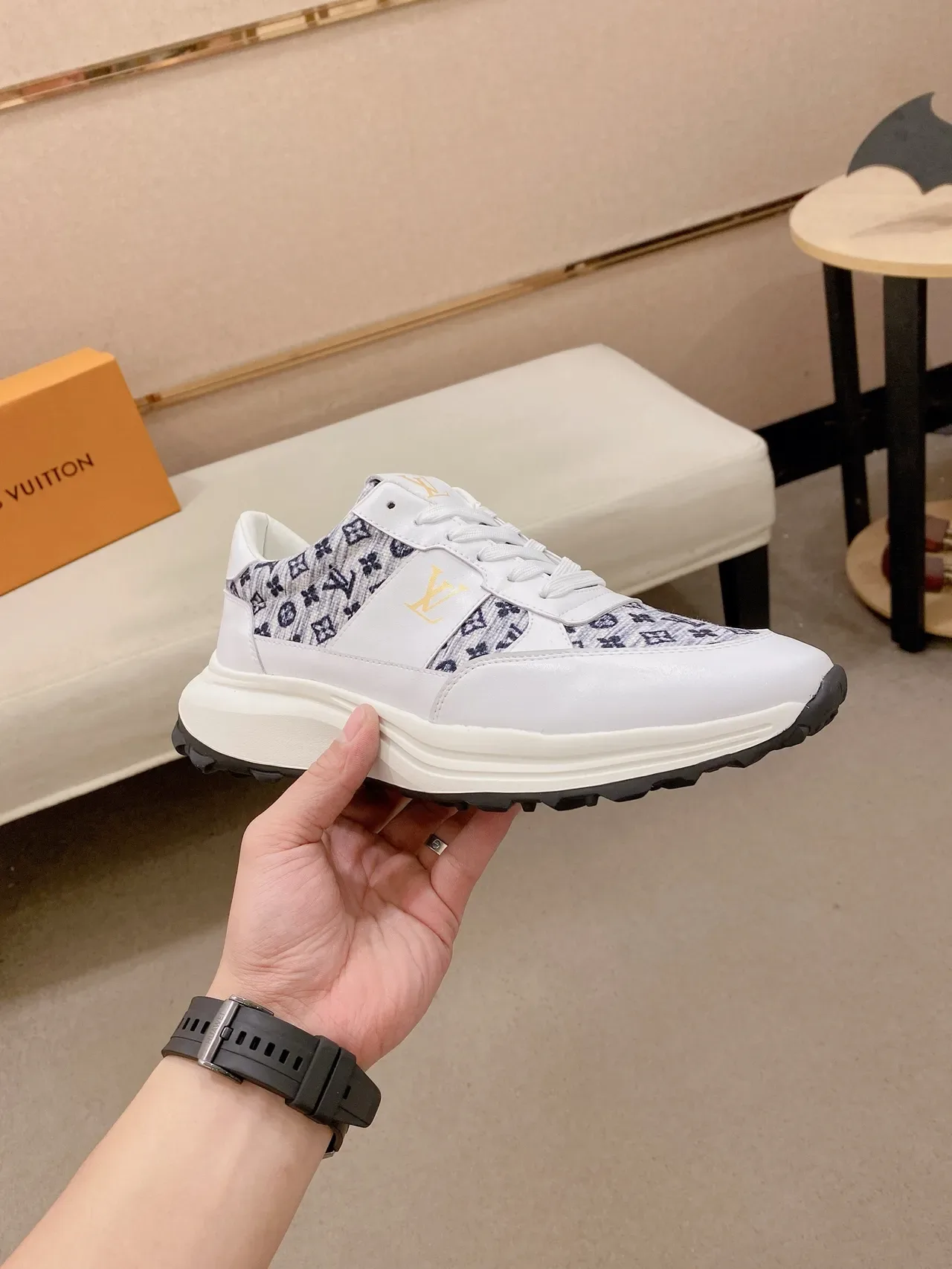Louis Vuitton Run Away White Navy Monogram-Print Textile Panels Gold LV Logo Lifestyle Sneakers 5