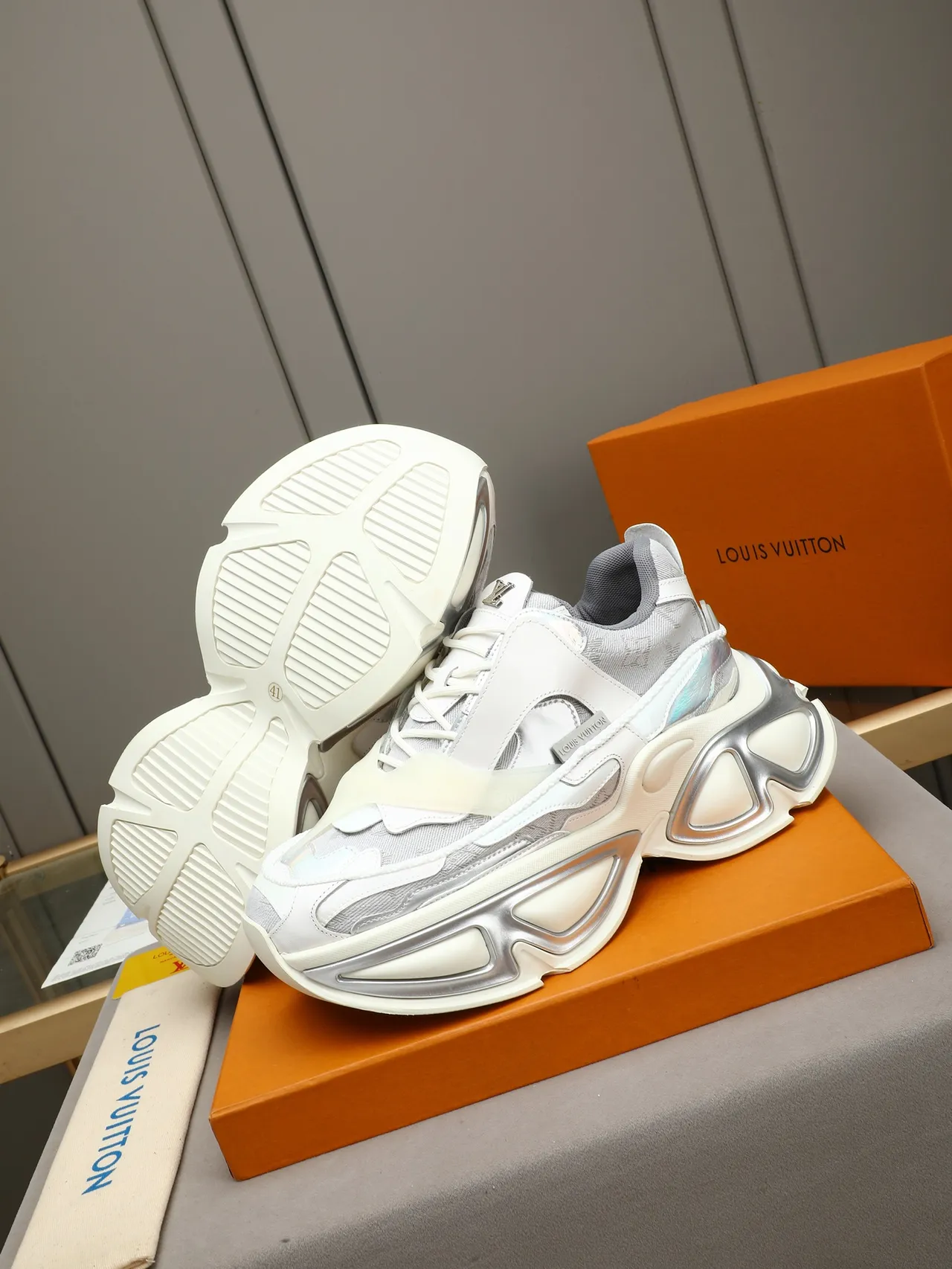 Louis Vuitton Run Away White Silver Sculpted Sole Layered Mesh And Leather Upper Chunky Sneakers 4