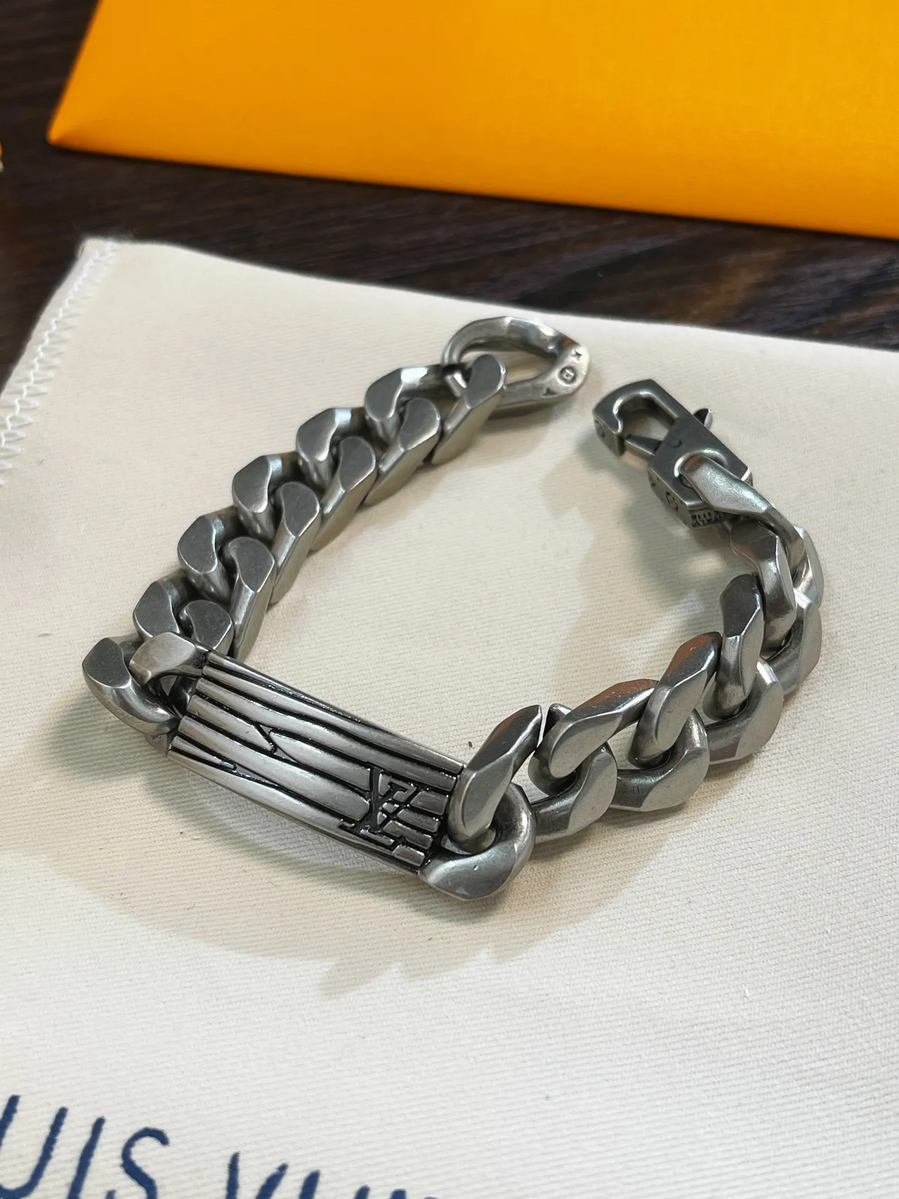 Louis Vuitton Silver Beige Chunky Curb-Link Chain Engraved Central Plaque Bracelet 6