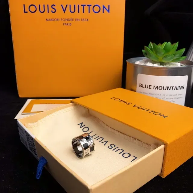 Louis Vuitton Silver Black Wide Band Geometric Inlay Ring 2