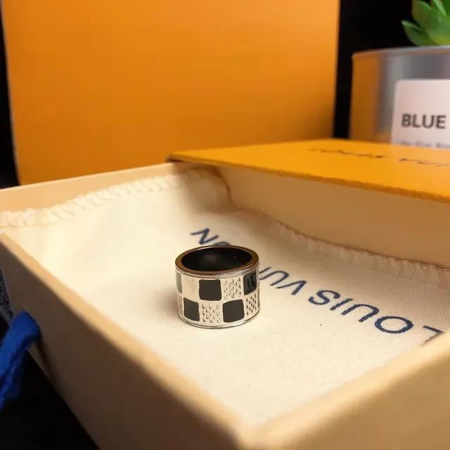 Louis Vuitton Silver Black Wide Band Geometric Inlay Ring 4