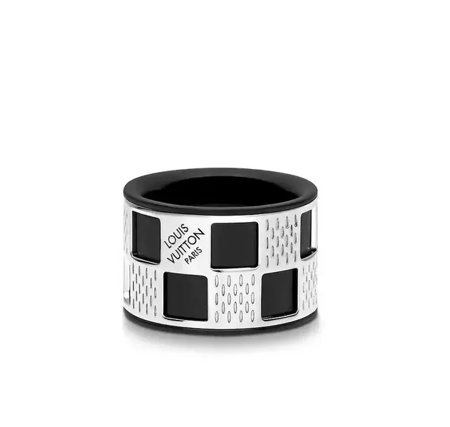 Louis Vuitton Silver Black Wide Band Geometric Inlay Ring 6