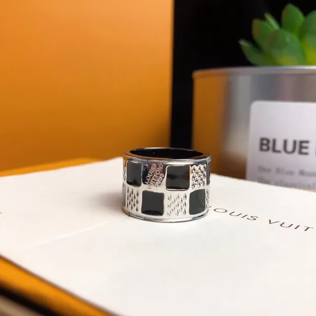 Louis Vuitton Silver Black Wide Band Geometric Inlay Ring 7