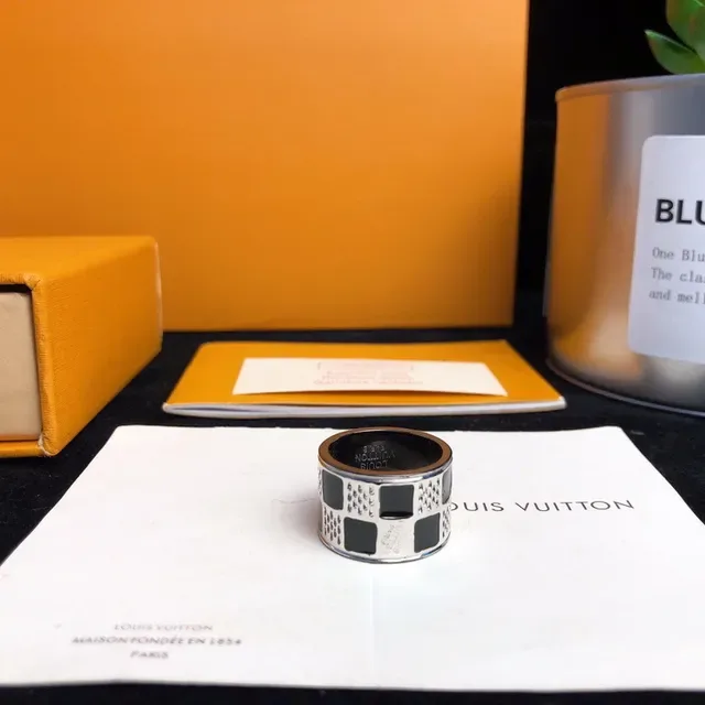 Louis Vuitton Silver Black Wide Band Geometric Inlay Ring 9