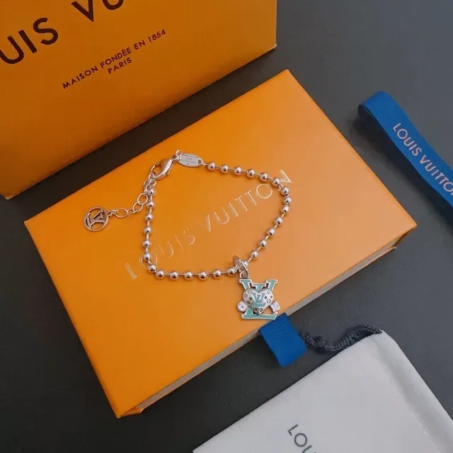 Louis Vuitton Silver Blue Ball-Chain Enamel-Accented Monogram Charm Bracelet 5