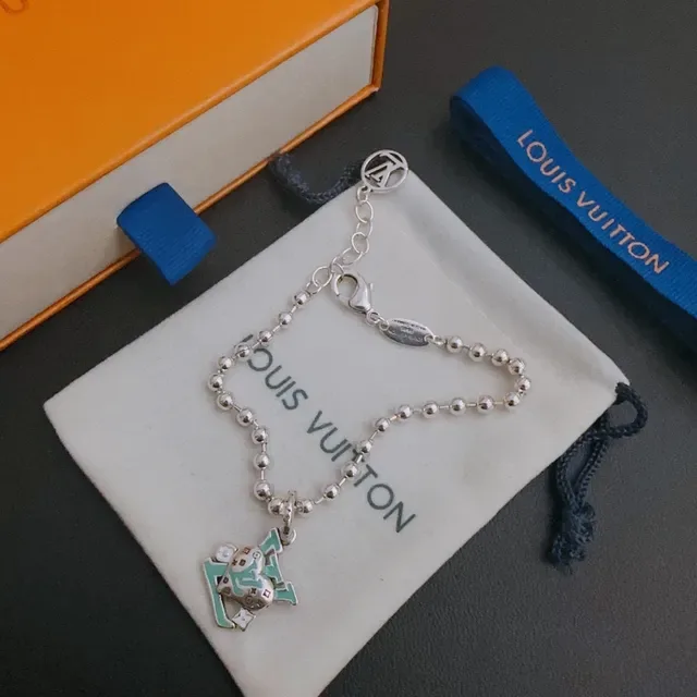 Louis Vuitton Silver Blue Ball-Chain Enamel-Accented Monogram Charm Bracelet 7