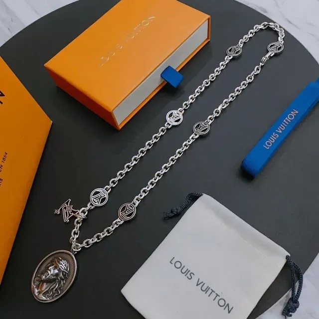 Louis Vuitton Silver Blue Metal Chain Circular Monogram Links Necklace 7