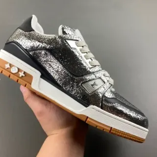 Louis Vuitton Silver Brown Metallic Cracked Leather Upper Layered White/black/gum Sole Lifestyle Sneakers