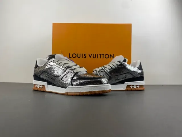 Louis Vuitton Argent Brun Métallique Cuir Craquelé Dessus Layered Semelle Blanche/noir/gomme Sneakers Lifestyle 12
