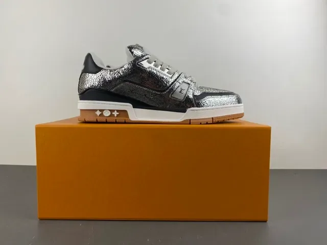 Louis Vuitton Argent Brun Métallique Cuir Craquelé Dessus Layered Semelle Blanche/noir/gomme Sneakers Lifestyle 14