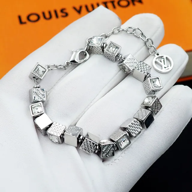 Louis Vuitton Silver Gold Cube-Link Monogram-Engraved Bracelet 6
