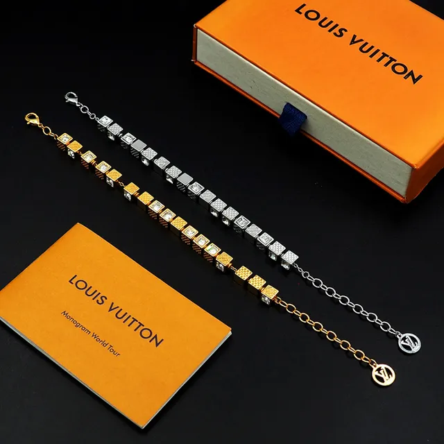 Louis Vuitton Silver Gold Cube-Link Monogram-Engraved Bracelet 7
