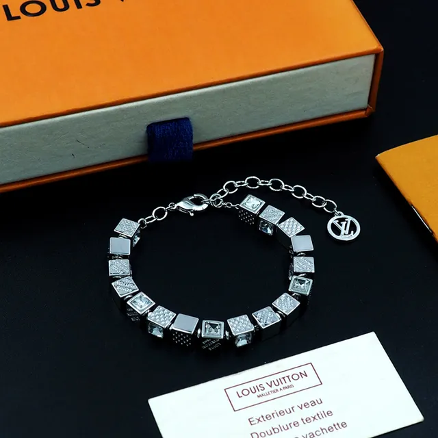 Louis Vuitton Silver Gold Cube-Link Monogram-Engraved Bracelet 10