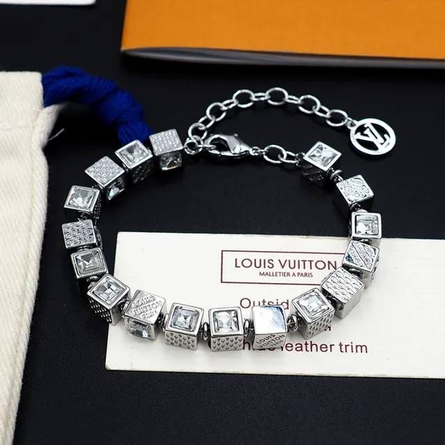 Louis Vuitton Silver Gold Cube-Link Monogram-Engraved Bracelet 12