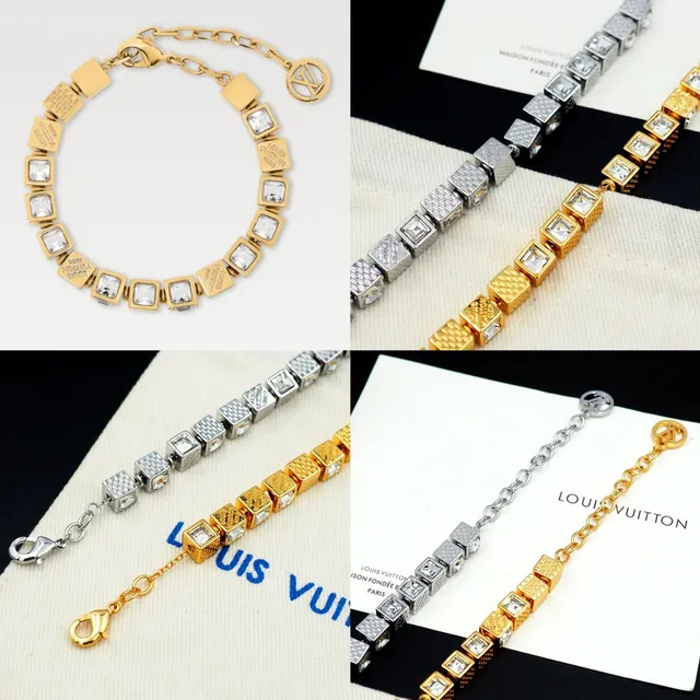 Louis Vuitton Silver Gold Cube-Link Monogram-Engraved Bracelet 13