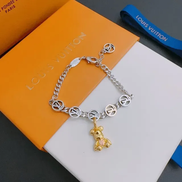 Louis Vuitton Silver Gold Curb Chain Monogram Disc Charms Bracelet 3