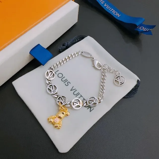 Louis Vuitton Silver Gold Curb Chain Monogram Disc Charms Bracelet 5