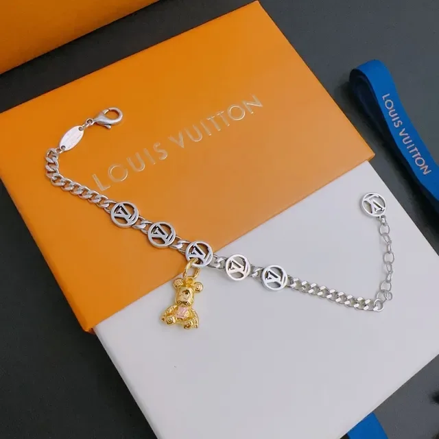 Louis Vuitton Silver Gold Curb Chain Monogram Disc Charms Bracelet 6