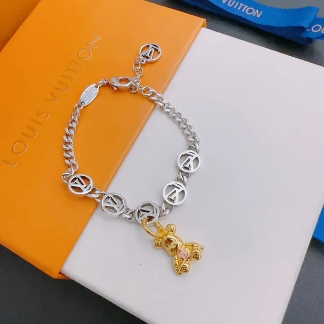 Louis Vuitton Silver Gold Curb Chain Monogram Disc Charms Bracelet 8