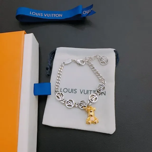 Louis Vuitton Silver Gold Curb Chain Monogram Disc Charms Bracelet 9
