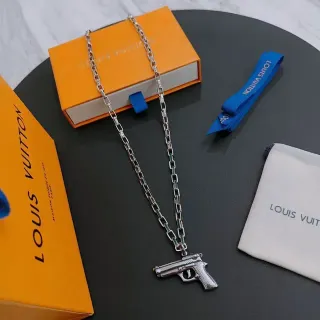 Louis Vuitton Silver Green Gun-Shaped Pendant Metal Chain Necklace