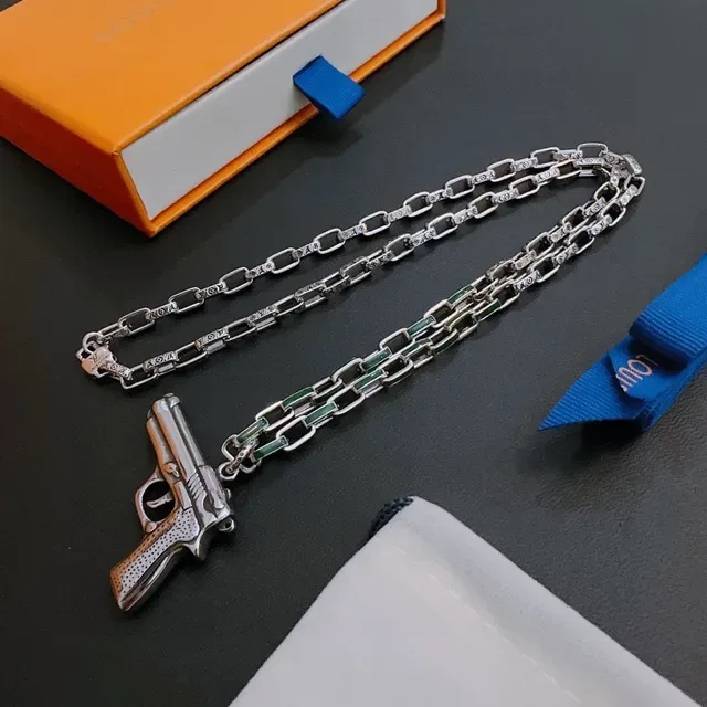 Louis Vuitton Silver Green Gun-Shaped Pendant Metal Chain Necklace 3