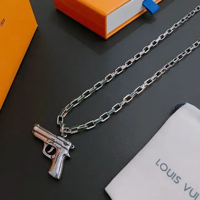 Louis Vuitton Silver Green Gun-Shaped Pendant Metal Chain Necklace 9