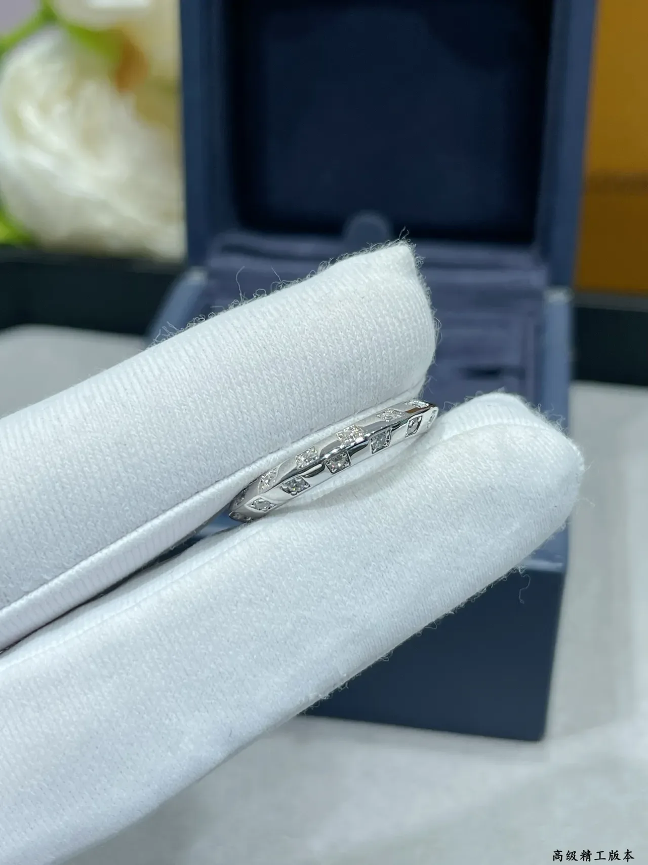 Louis Vuitton Silver Navy Pavé-Set Diamonds Square-Cut Stones Ring 7
