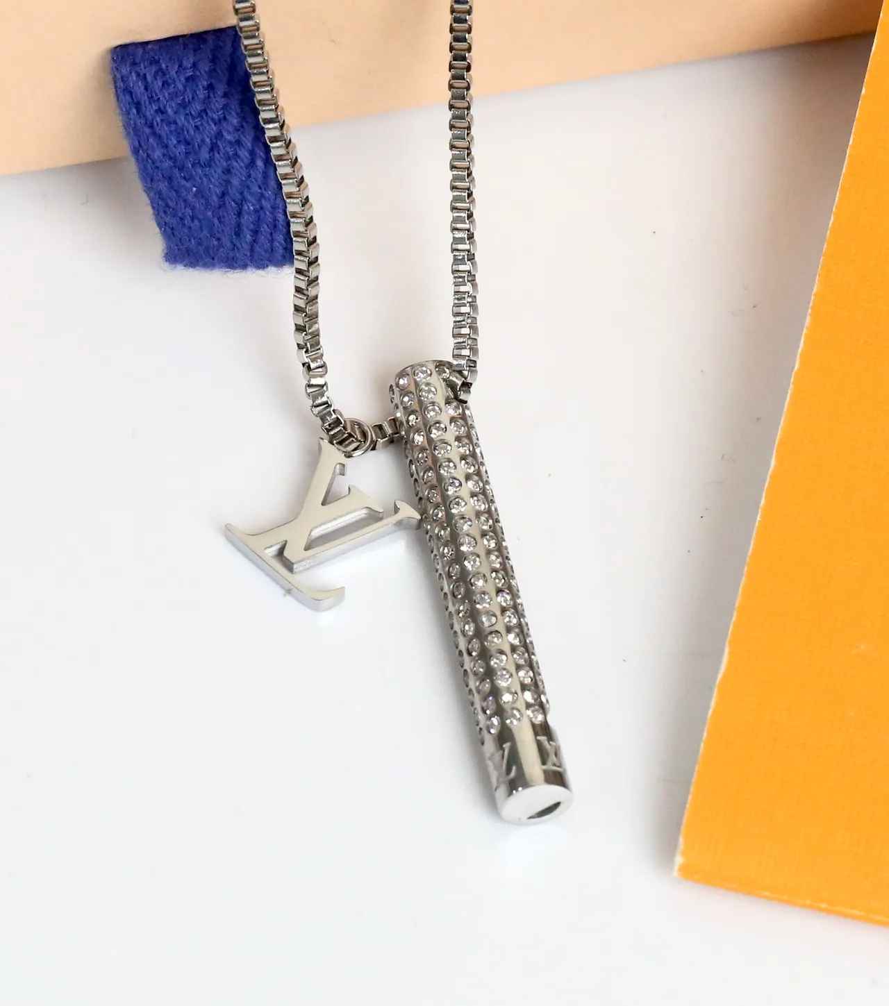 Louis Vuitton Silver Transparent Box Chain Crystal-Encrusted Cylinder Pendant Necklace 2
