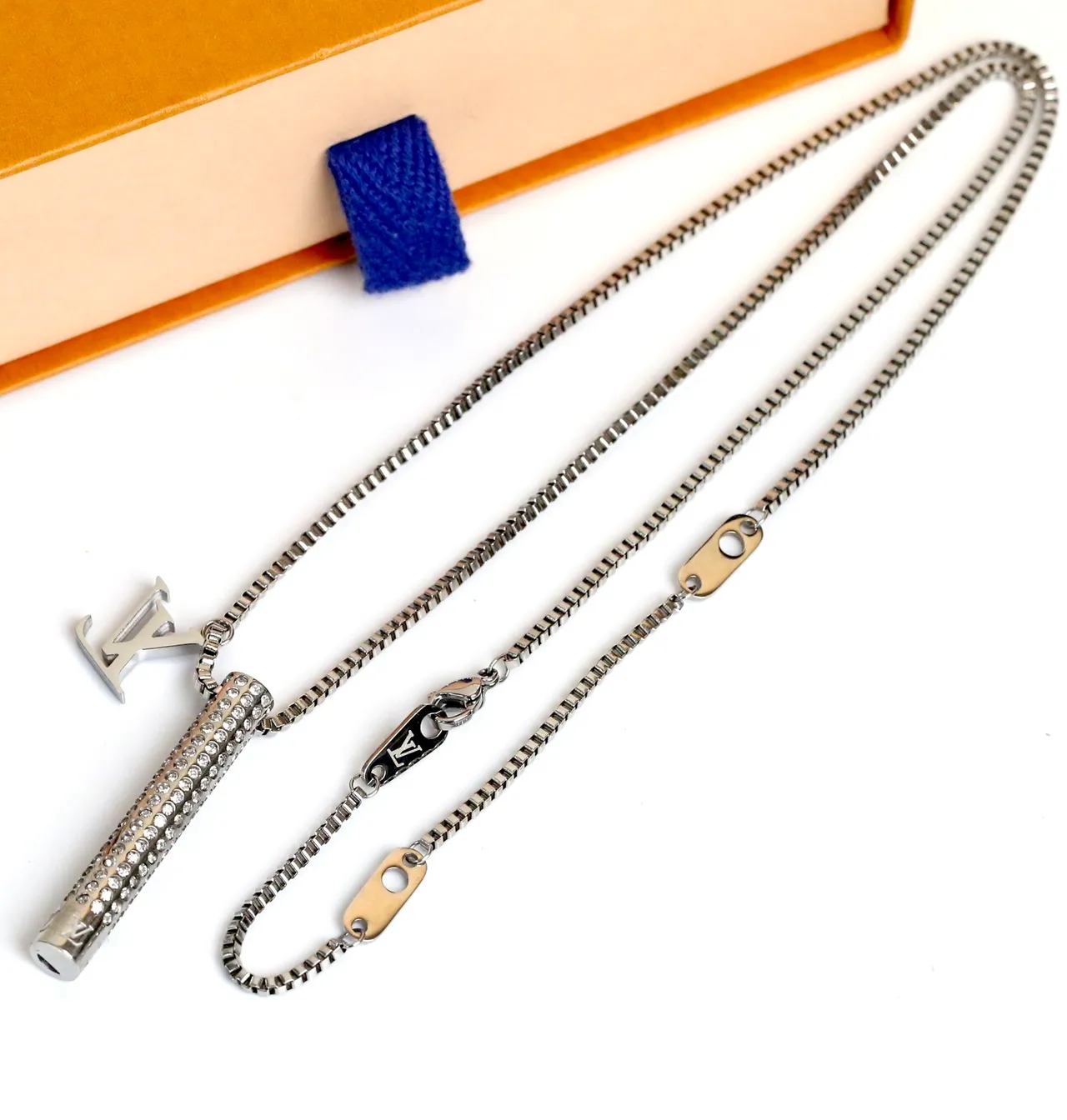 Louis Vuitton Silver Transparent Box Chain Crystal-Encrusted Cylinder Pendant Necklace 5