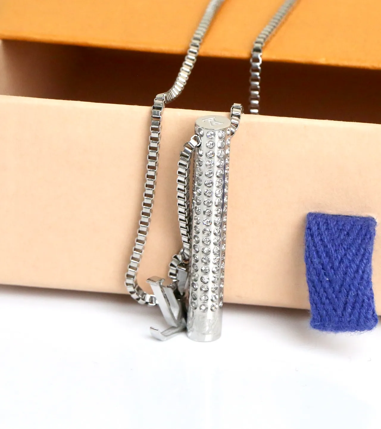 Louis Vuitton Silver Transparent Box Chain Crystal-Encrusted Cylinder Pendant Necklace 7
