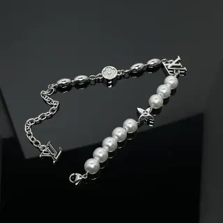 Louis Vuitton Silver White Metal Simulated Pearls Bracelet