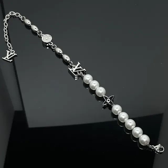 Louis Vuitton Silver White Metal Simulated Pearls Bracelet 3